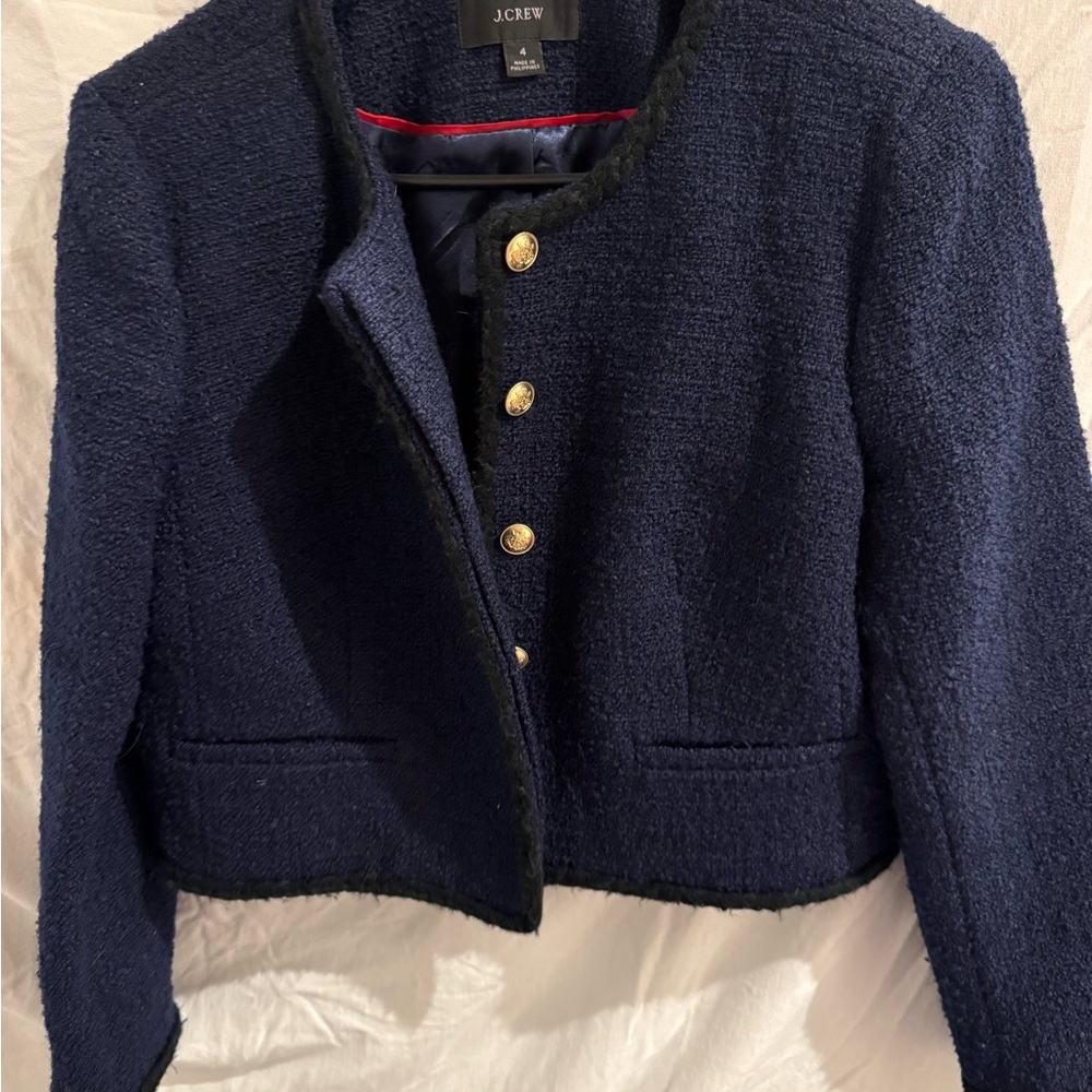 J. Crew Navy Bouclé Cropped Blazer with Gold Buttons